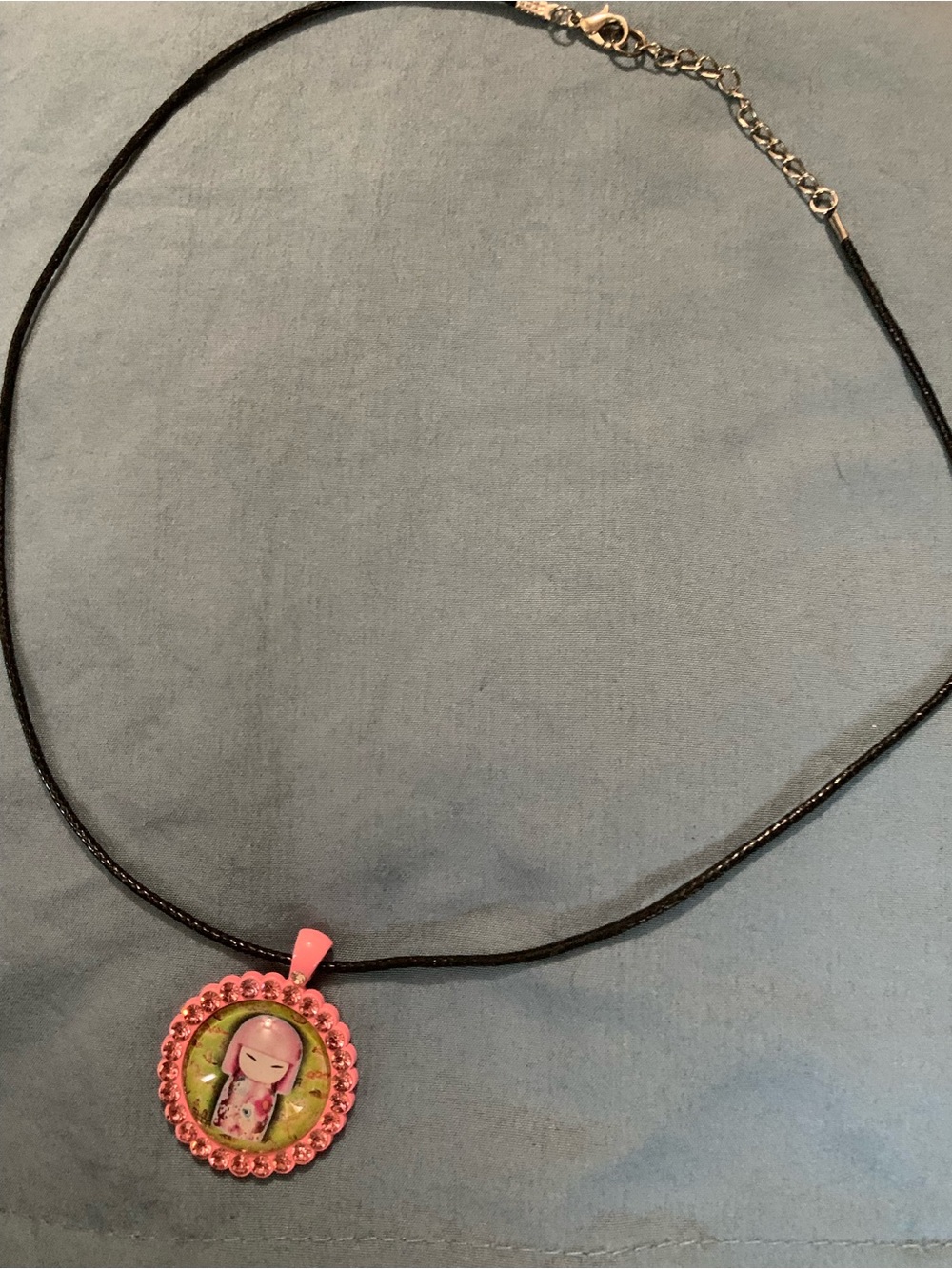 Japanese Kokeshi Kimmidoll Girl Pendant Necklace with Pink Rhinestone Trim